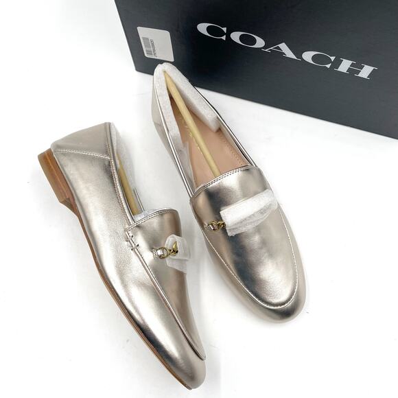 Coach Hanna Metallic Loafer Champagne Gold Leather Chain Slip On Flat Sz 8.5 - Picture 1 of 10